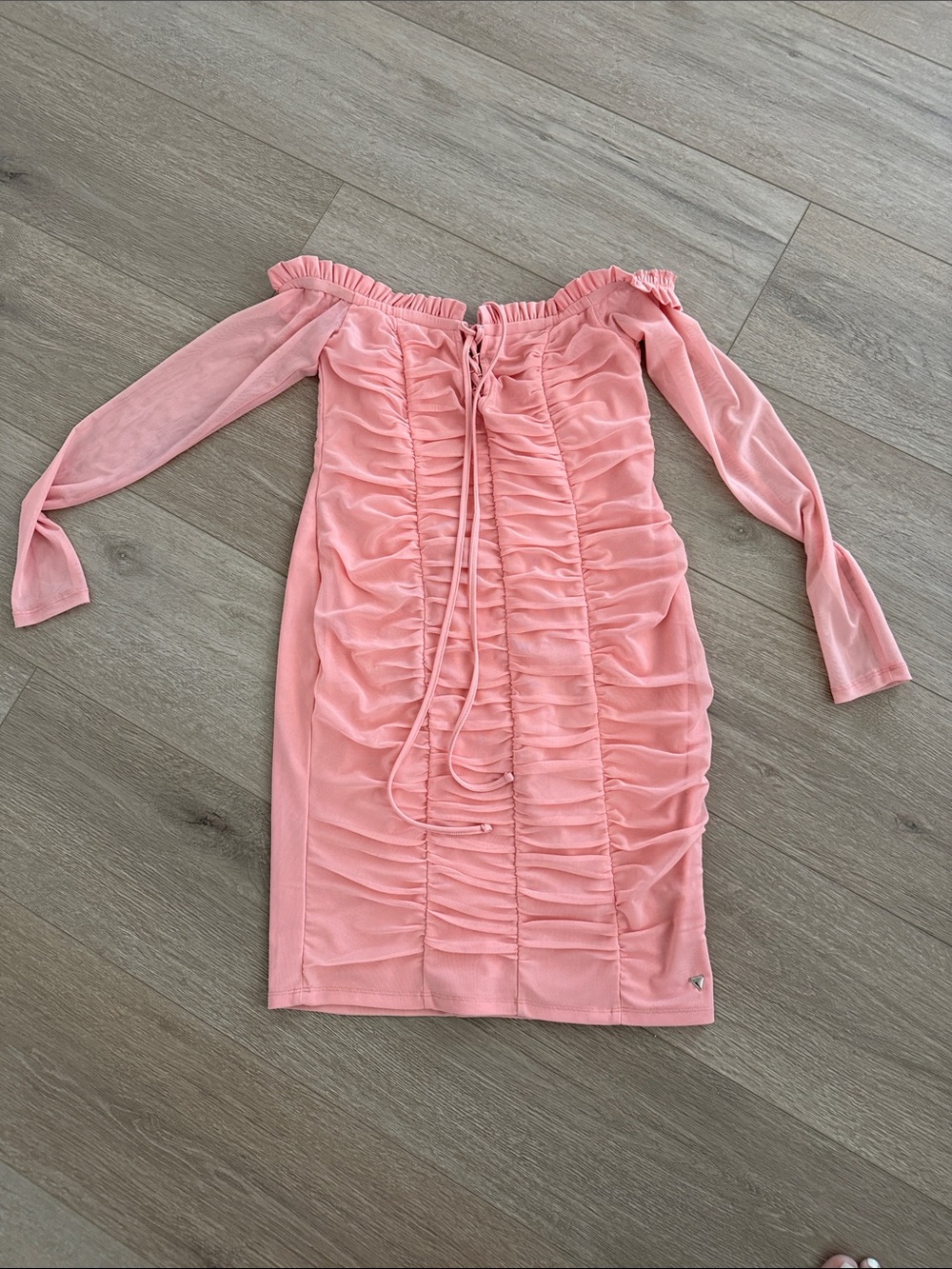 Guess Pink Off-Shoulder Ruched Long Sleeve Bodycon Dress